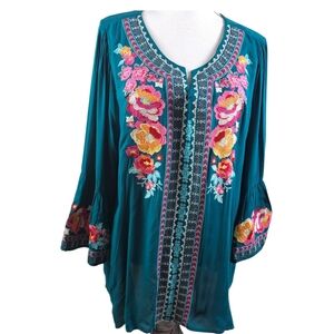 Savanna Jane Embroidered Floral Boho Peasant Tunic Top In 2X